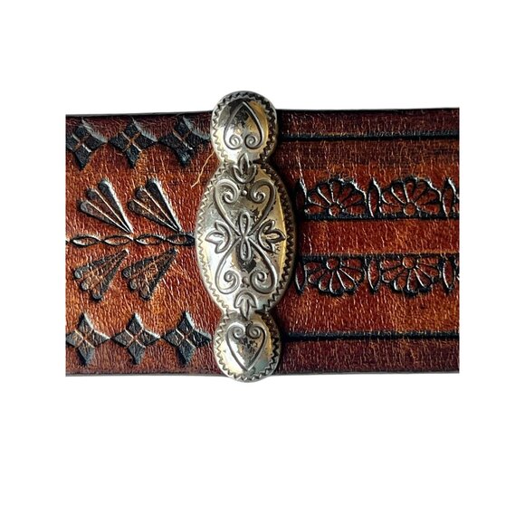Brighton Leather Belt Floral Embossed Patterns & Silver Tone Buckle 33"-37" - Picture 10 of 16